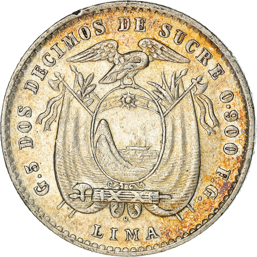 Moeda, Equador, 2 Decimos, Dos, 1912, AU(55-58), Prata, KM:51.3