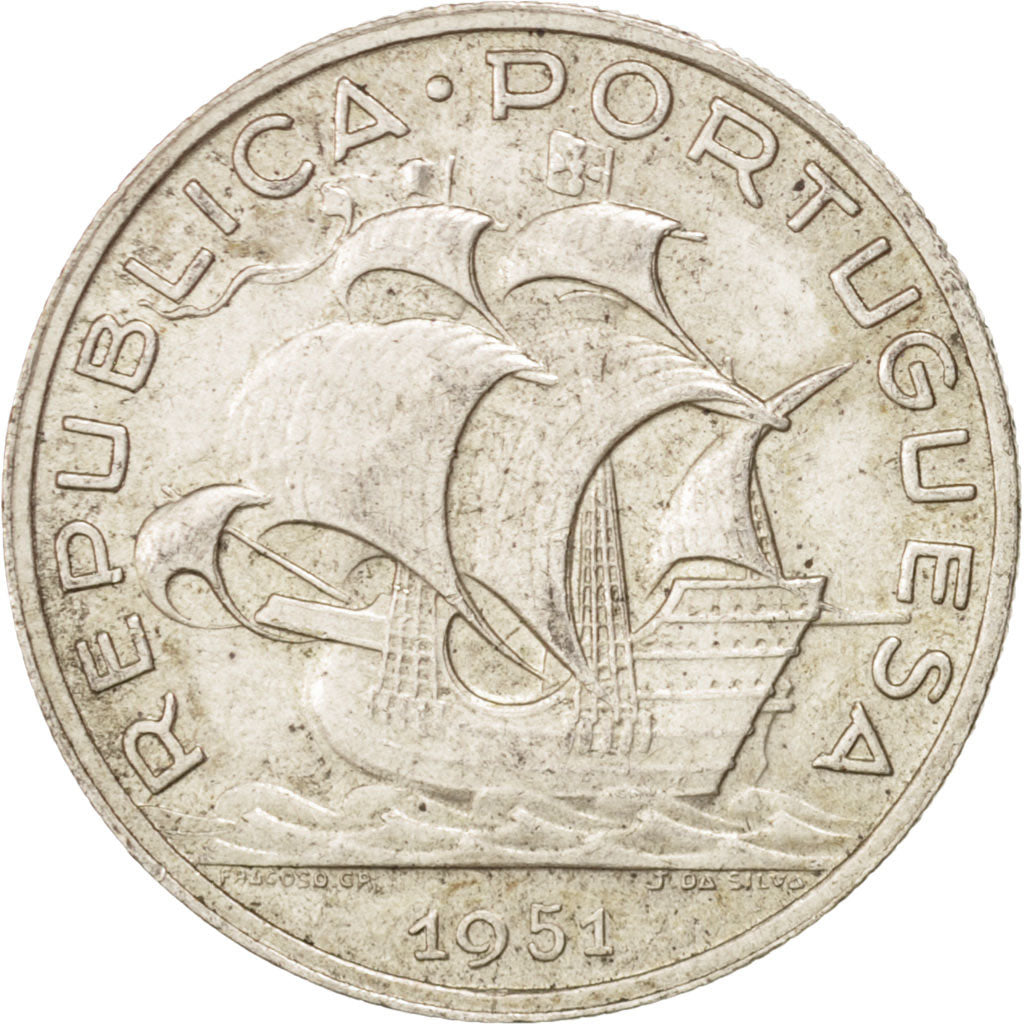 PORTUGAL, 5 Escudos, 1951, KM #581, AU(55-58), Silver, 28.4, 7.03
