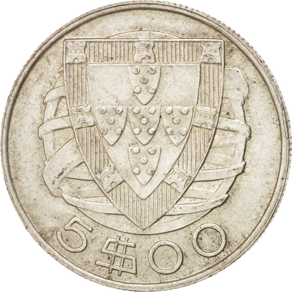 PORTUGAL, 5 Escudos, 1951, KM #581, AU(55-58), Silver, 28.4, 7.03