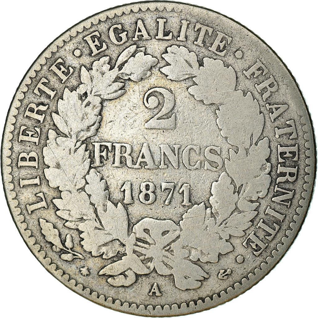 Moneda, Francia, Cérès, 2 Francs, 1871, Paris, BC, Plata, KM:817.1