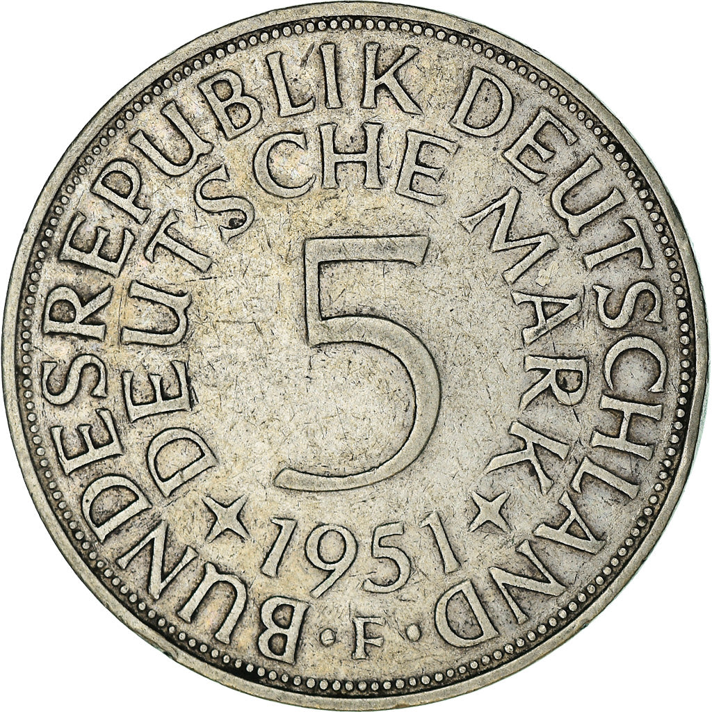 Coin, GERMANY - FEDERAL REPUBLIC, 5 Mark, 1951, Stuttgart, EF(40-45), Silver