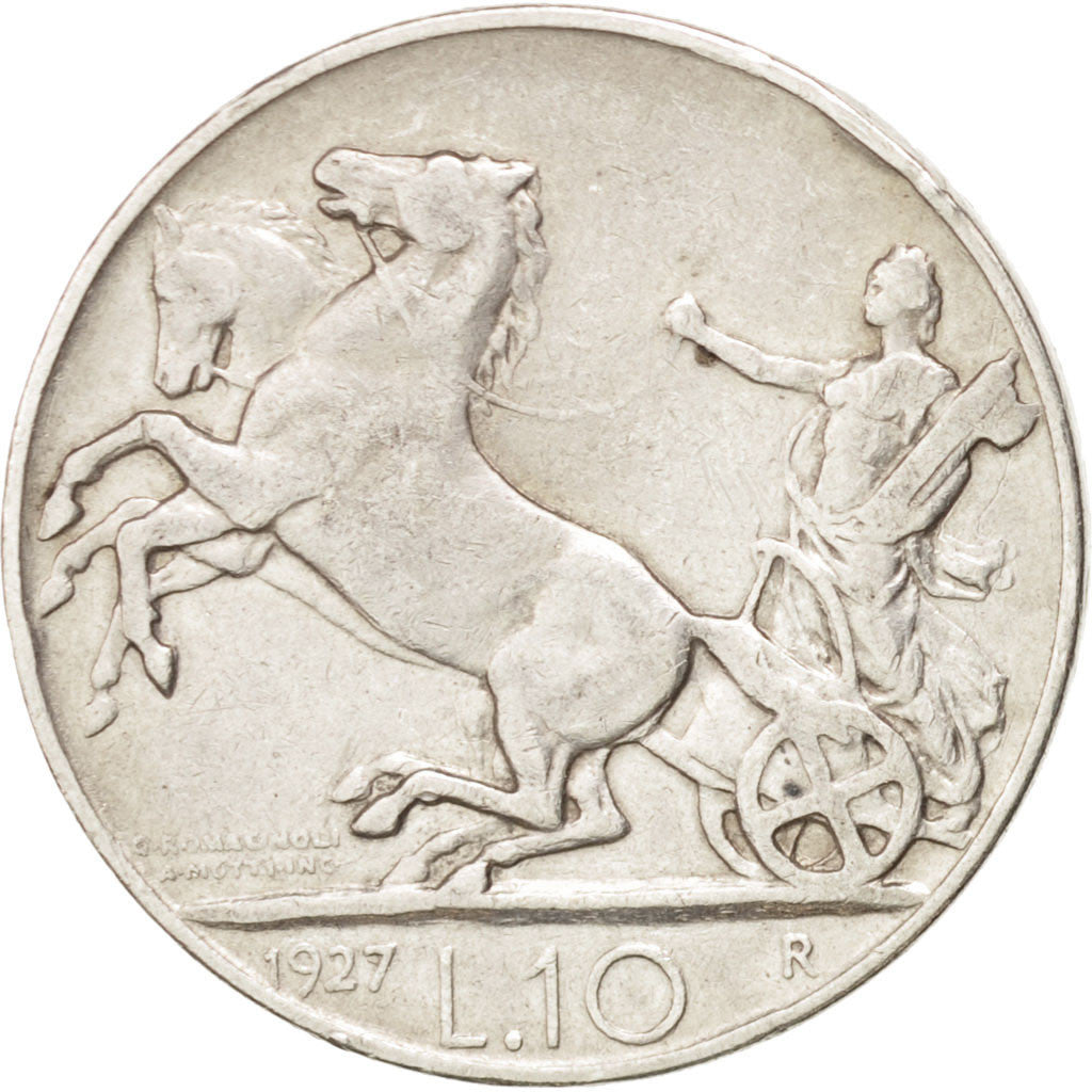 ITALY, 10 Lire, 1927, Rome, KM #68.1, VF(30-35), Silver, 9.90
