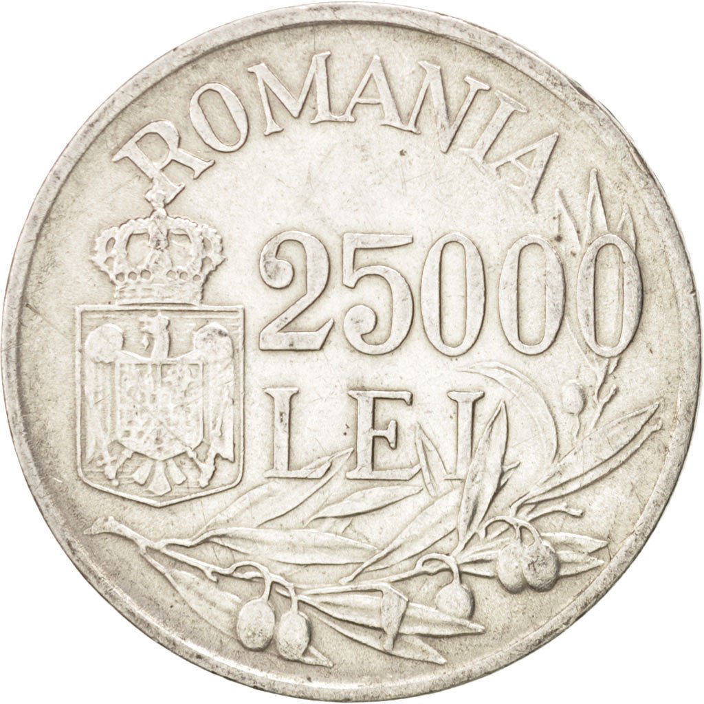 ROMANIA, 25000 Lei, 1946, KM #70, AU(50-53), Silver, 32, 12.49