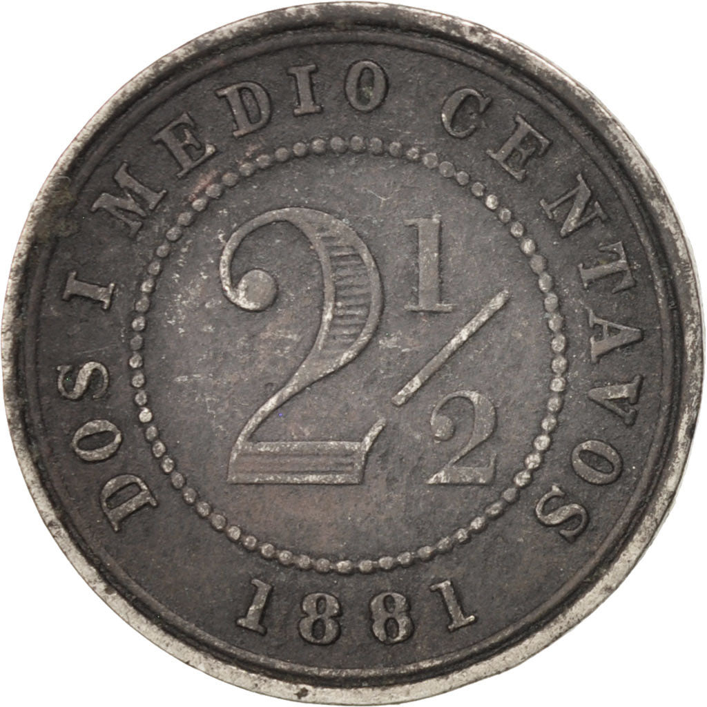 COLOMBIA, 2-1/2 Centavos, 1881, Heaton, KM #180, EF(40-45), Copper-Nickel, 2.50