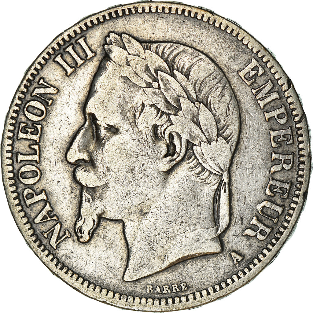 Moneda, Francia, Napoleon III, 5 Francs, 1867, Paris, BC+, Plata, KM:799.1