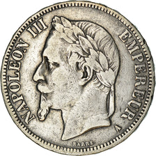 Moneda, Francia, Napoleon III, 5 Francs, 1867, Paris, BC+, Plata, KM:799.1