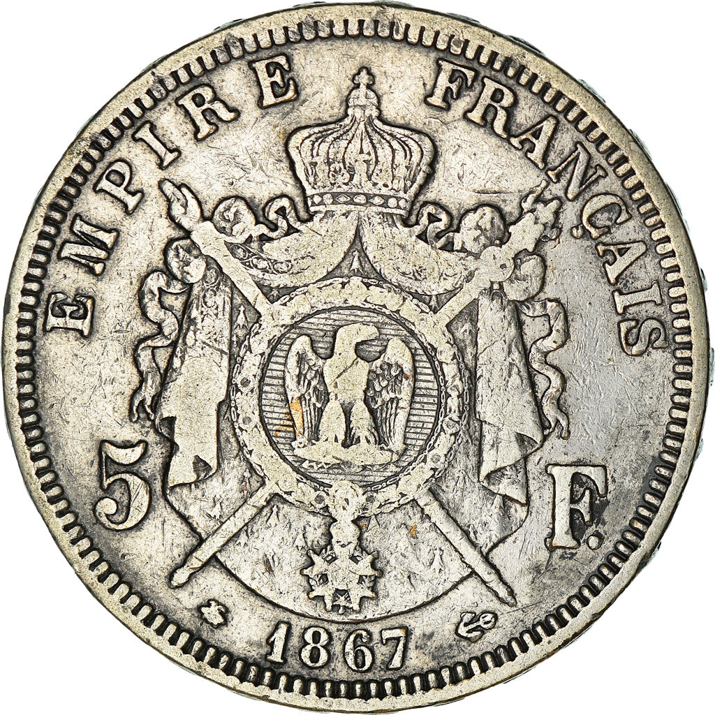 Moneda, Francia, Napoleon III, 5 Francs, 1867, Paris, BC+, Plata, KM:799.1