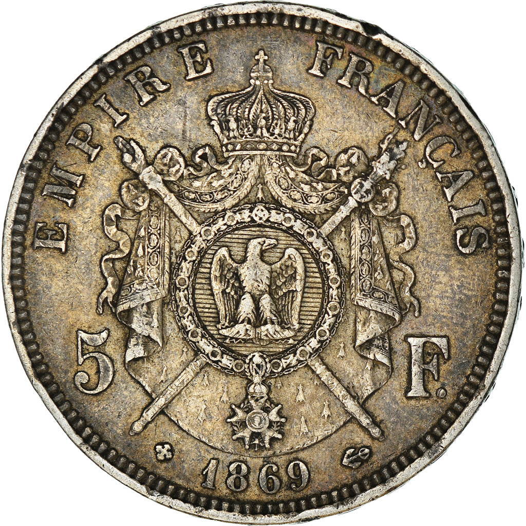 Moneta, Francia, Napoleon III, 5 Francs, 1869, Strasbourg, MB+, Argento