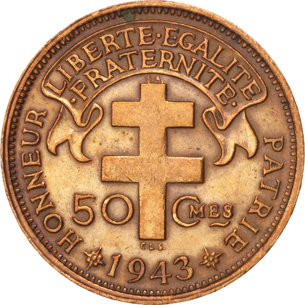 MADAGASCAR, 50 Centimes, 1943, Pretoria, KM #1, AU(50-53), Bronze, Lecompte...