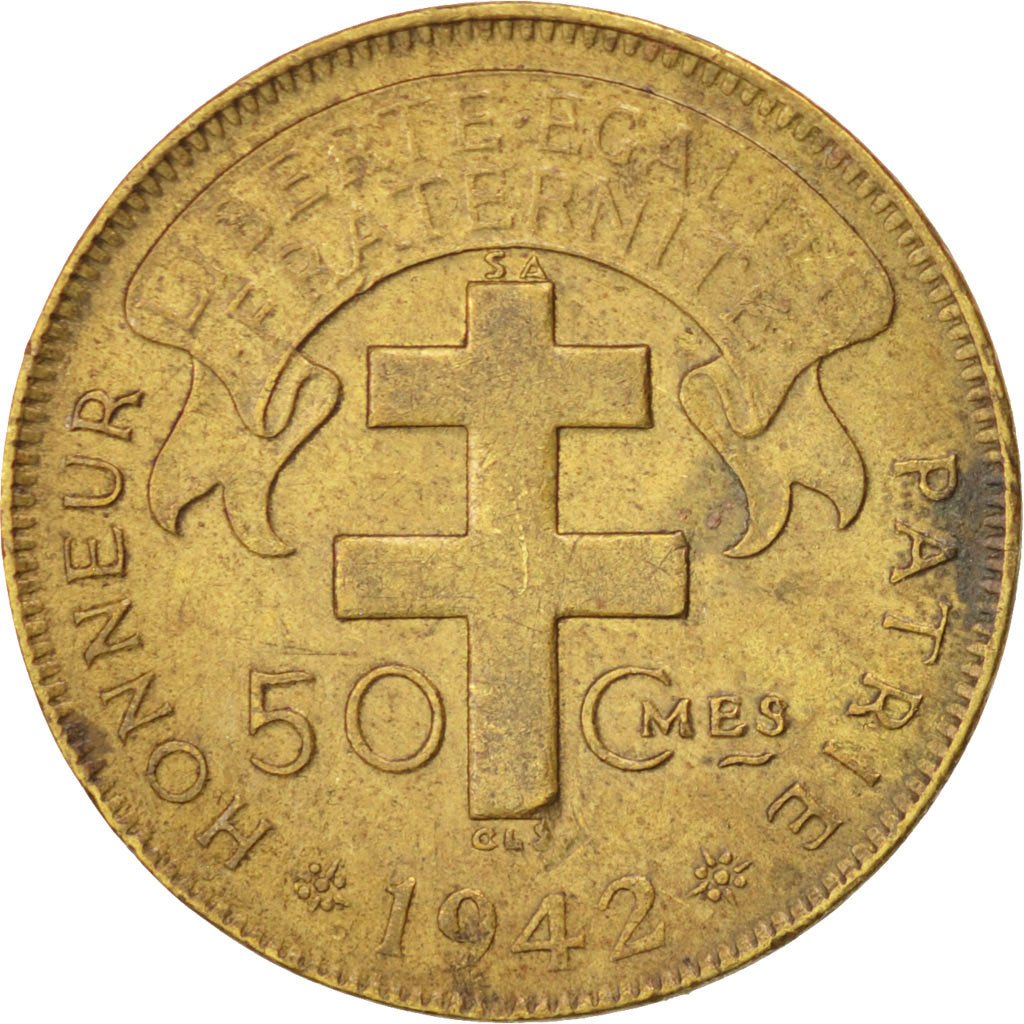 FRENCH EQUATORIAL AFRICA, 50 Centimes, 1942, Pretoria, KM #1, EF(40-45), Brass,.