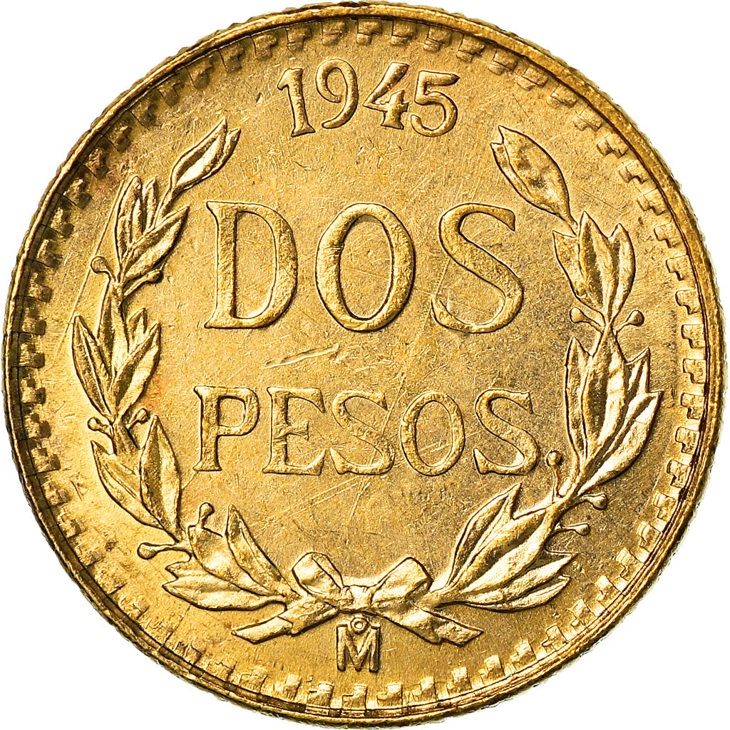 Coin, Mexico, 2 Pesos, 1945, Mexico City, MS(63), Gold, KM:461