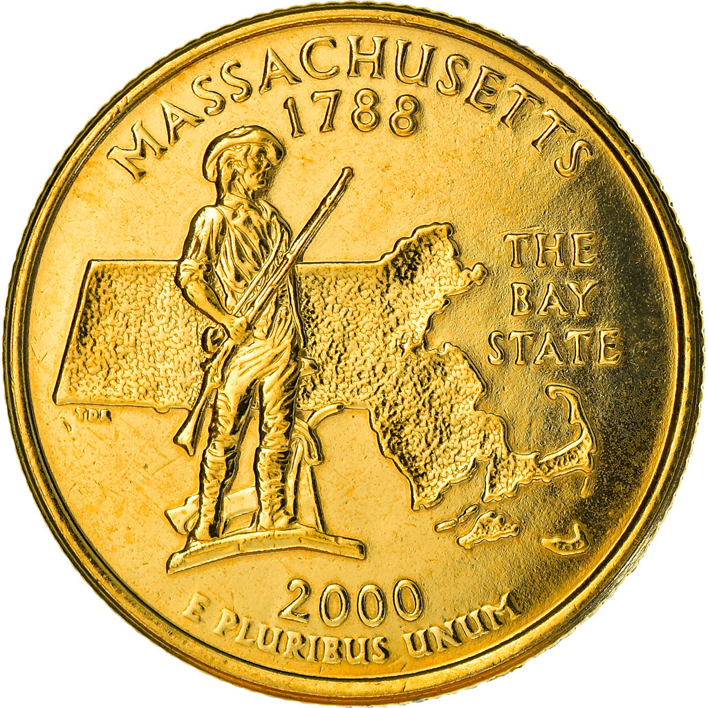 Coin, United States, Massachusetts, Quarter, 2000, U.S. Mint, Denver, golden