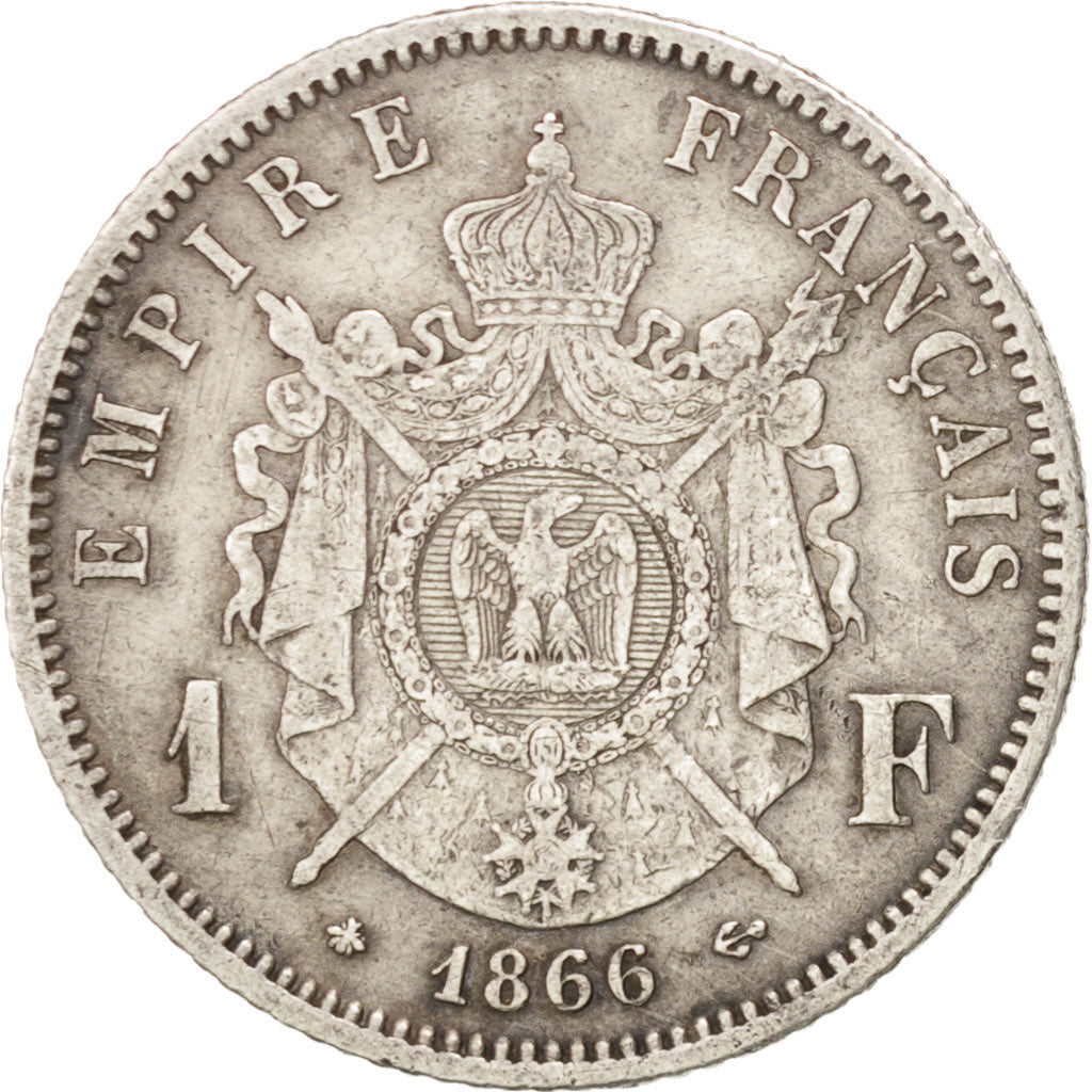 FRANCE, Napoléon III, Franc, 1866, Paris, KM #806.1, VF(30-35), Silver, Gadoury