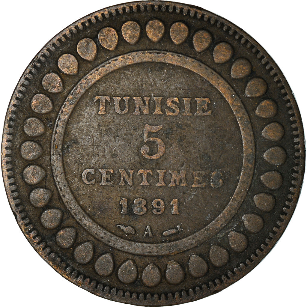 Moneta, Tunisia, Ali Bey, 5 Centimes, 1891, Paris, MB+, Bronzo, KM:221