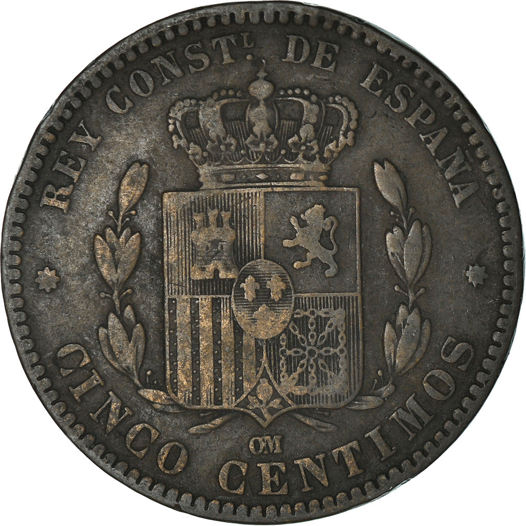 Coin, Spain, Alfonso XII, 5 Centimos, 1877, Madrid, EF(40-45), Bronze, KM:674