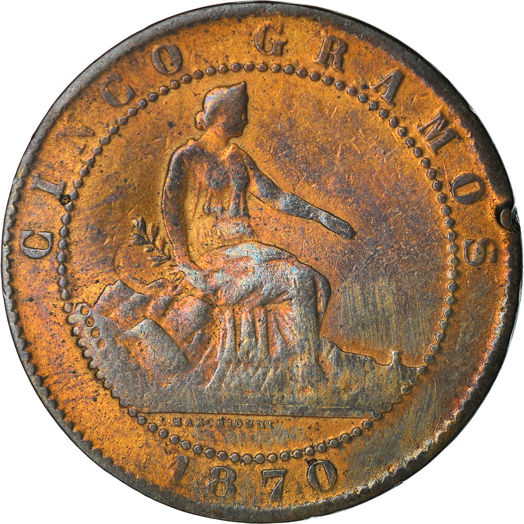 Moneta, Spagna, Provisional Government, 5 Centimos, 1870, Madrid, BB, Rame
