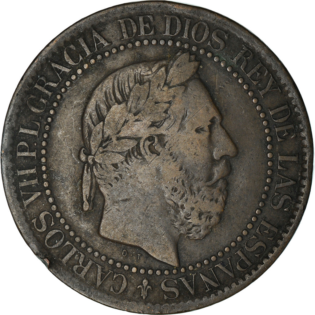 Moneta, Spagna, Charles VII, 10 Centimos, 1875, Brussels, MB, Rame, KM:670