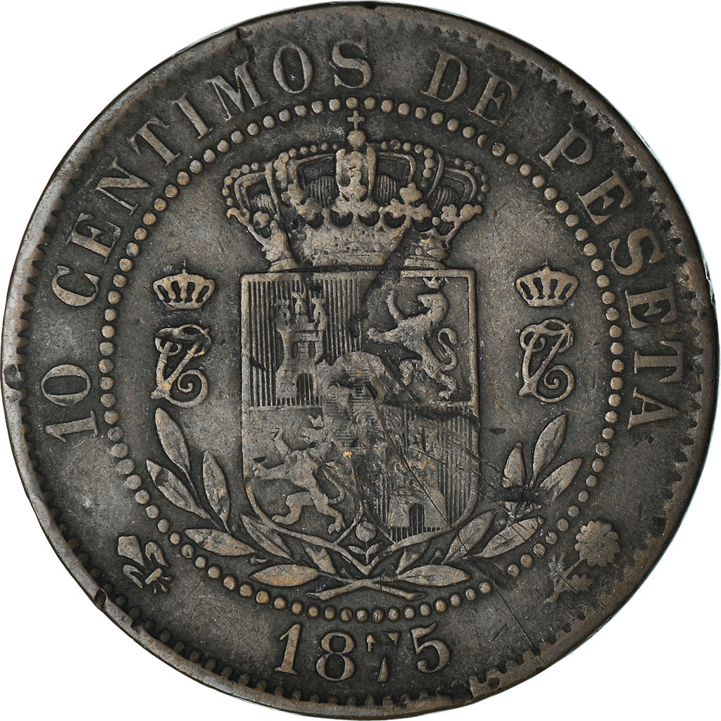 Moneta, Spagna, Charles VII, 10 Centimos, 1875, Brussels, MB, Rame, KM:670