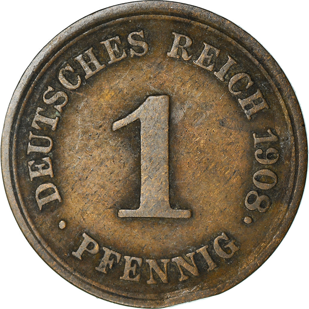 Coin, GERMANY - EMPIRE, Wilhelm II, Pfennig, 1908, Muldenhütten, VF(20-25)