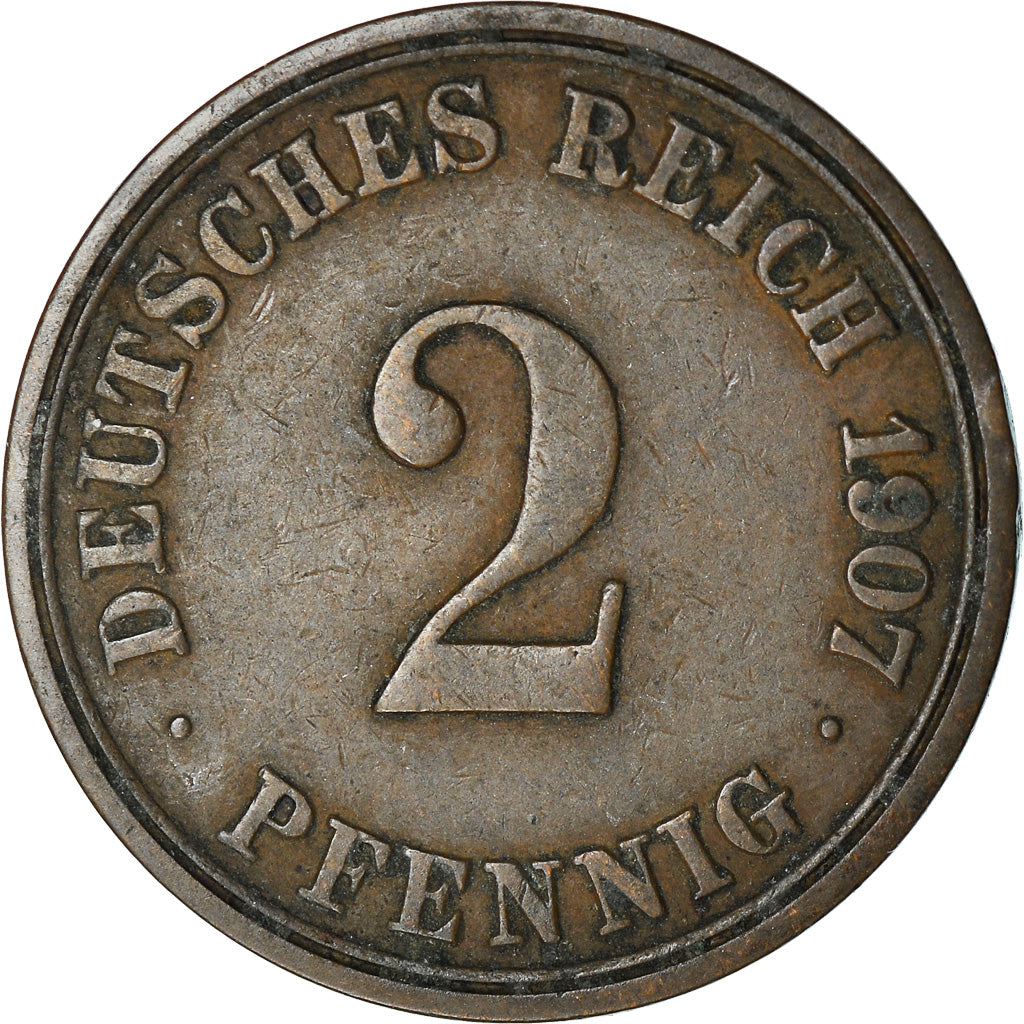 Coin, GERMANY - EMPIRE, Wilhelm II, 2 Pfennig, 1907, Berlin, VF(20-25), Copper
