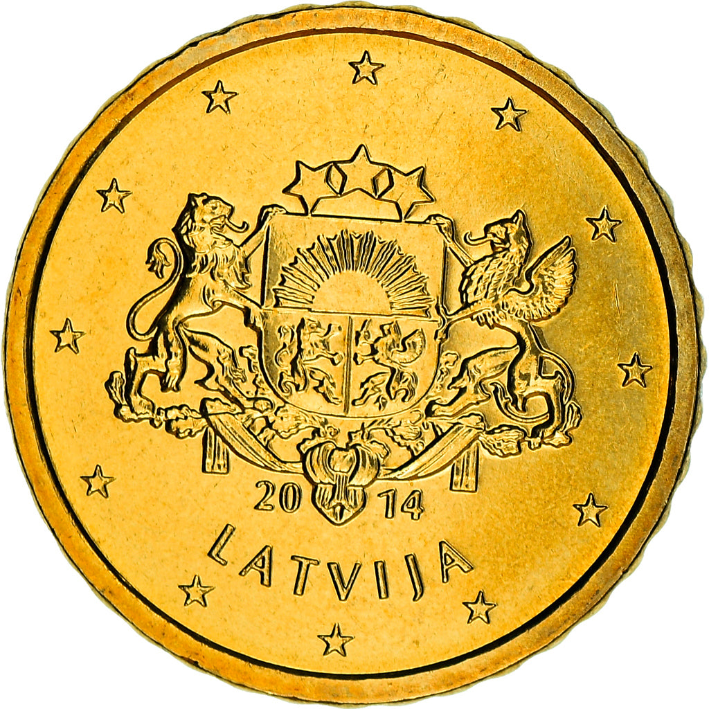 Letonia, 10 Euro Cent, 2014, Stuttgart, EBC+, Latón, KM:153