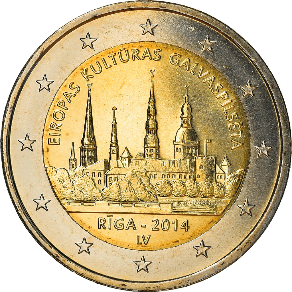 Letonia, 2 Euro, Riga, 2014, Stuttgart, SC+, Bimetálico, KM:157