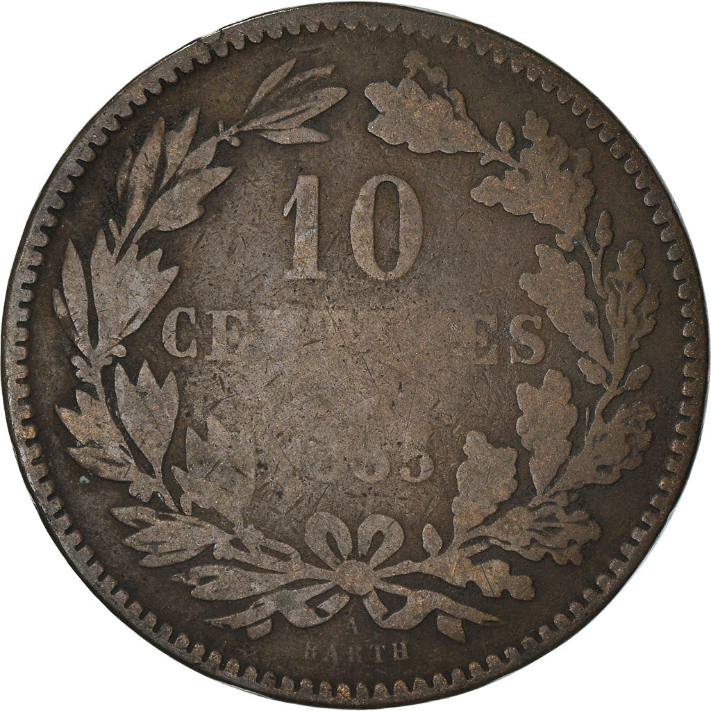Coin, Luxembourg, William III, 10 Centimes, 1855, Paris, VF(20-25), Bronze