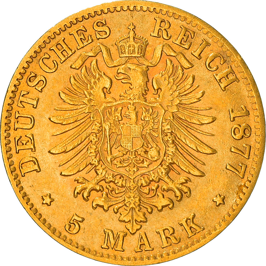 Moneta, Landy niemieckie, PRUSSIA, Wilhelm I, 5 Mark, 1877, Cleves, AU(50-53)