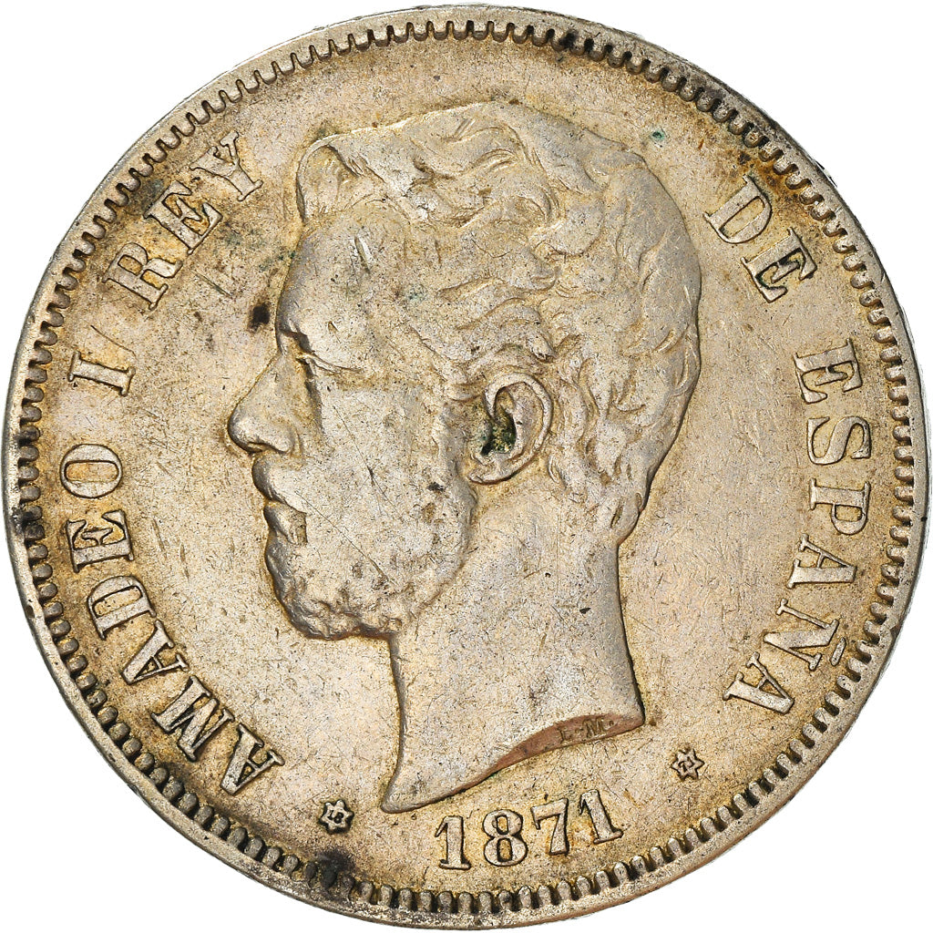 Moneta, Spagna, Amadeao I, 5 Pesetas, 1871, Madrid, MB+, Argento, KM:666