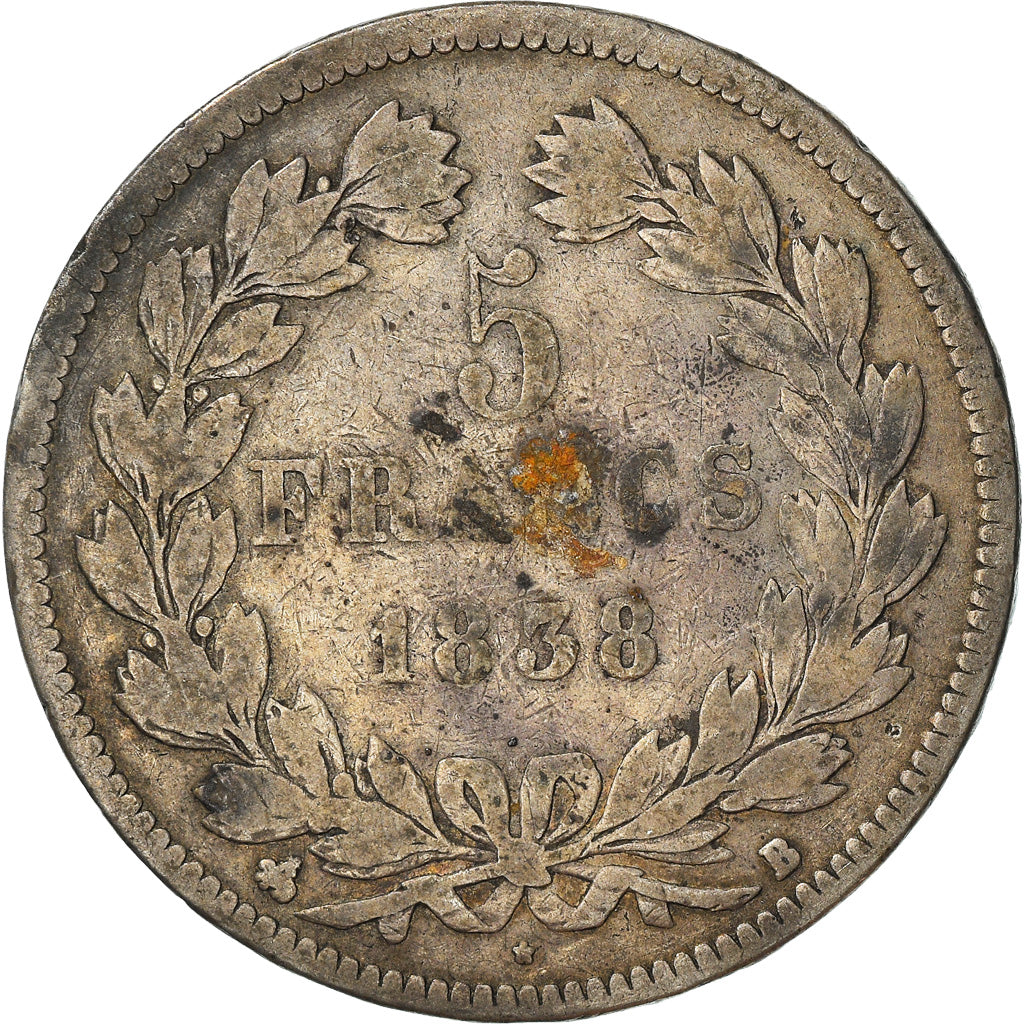 Moneta, Francia, Louis-Philippe, 5 Francs, 1838, Rouen, MB, Argento, KM:749.2