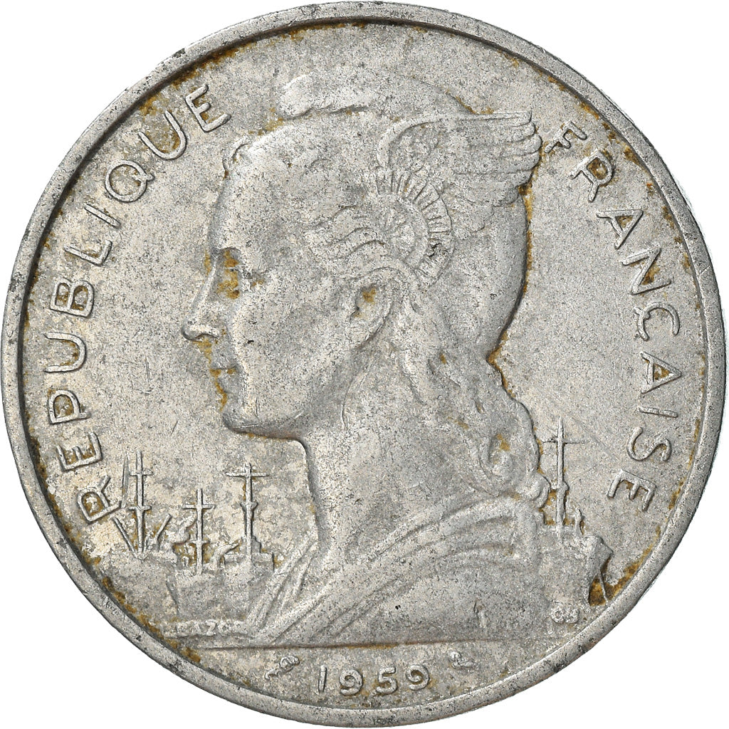 Moeda, Somalilândia Francesa, 5 Francs, 1959, Paris, VF(30-35), Alumínio