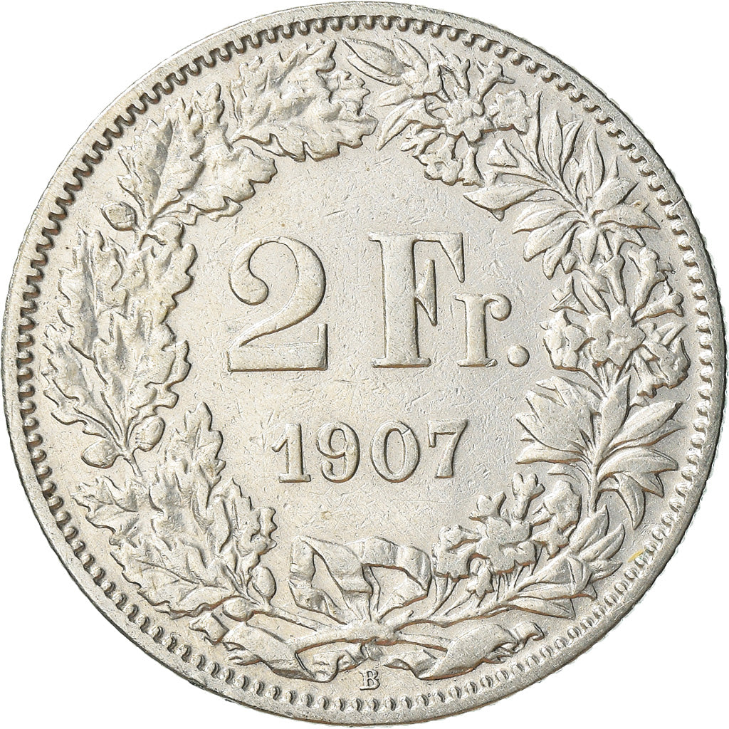 Moeda, Suíça, 2 Francs, 1907, Bern, EF(40-45), Prata, KM:21