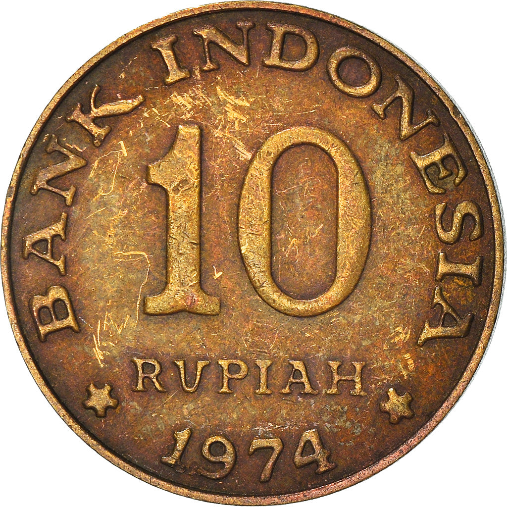 Monnaie, Indonésie, 10 Rupiah, 1974, TB, Brass Clad Steel, KM:38