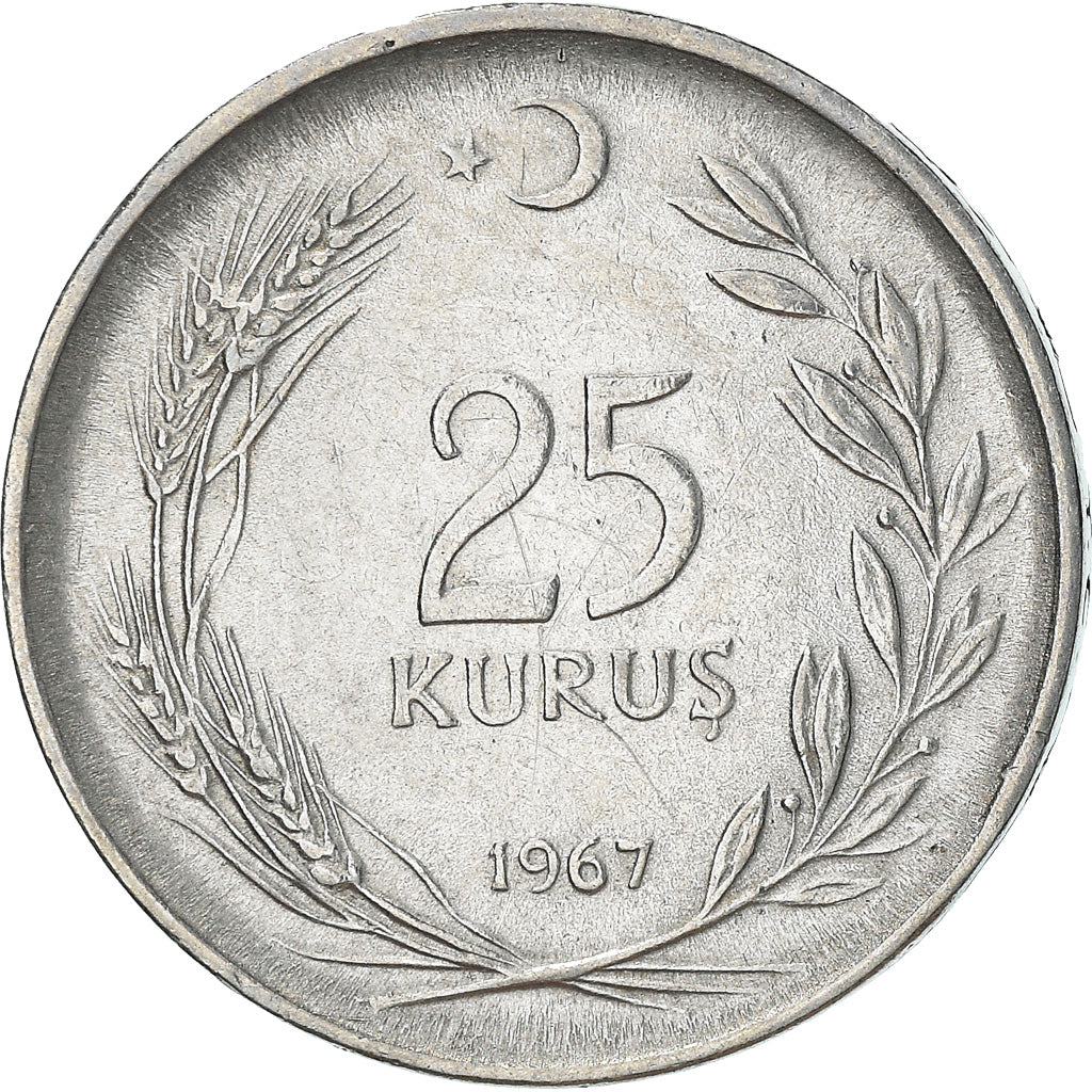 Moeda, Turquia, 25 Kurus, 1967, EF(40-45), Aço Inoxidável, KM:892.3