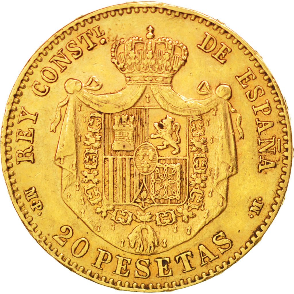 SPAIN, 20 Pesetas, 1890, KM #693, AU(50-53), Gold, 6.41