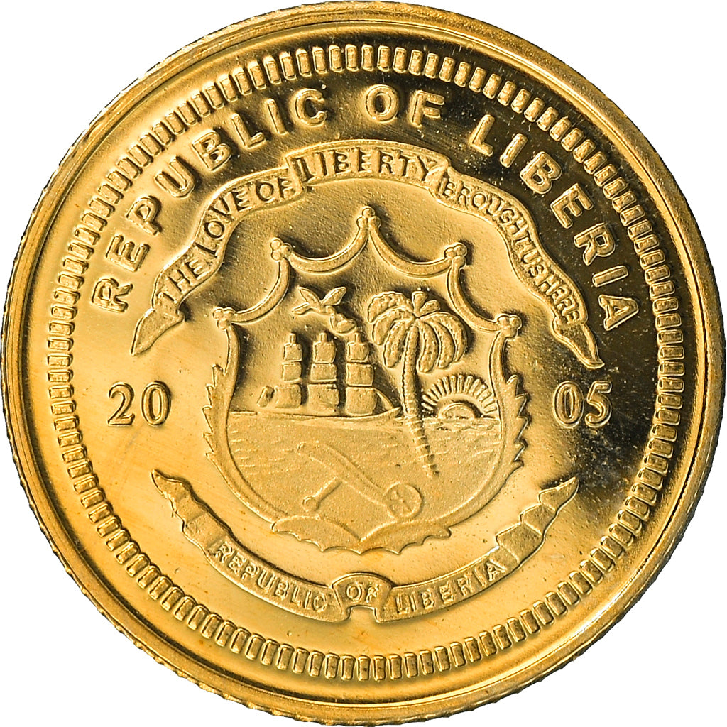 Moeda, Libéria, 10 Dollars, 2005, MS(65-70), Dourado