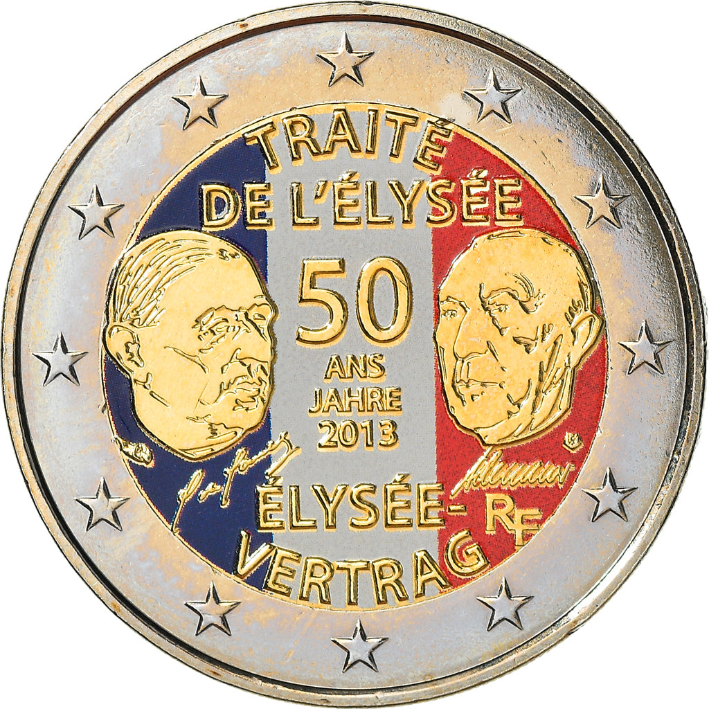 Frankreich, 2 Euro, Traité de l'Elysée, 2013, Colourized, VZ+, Bi-Metallic