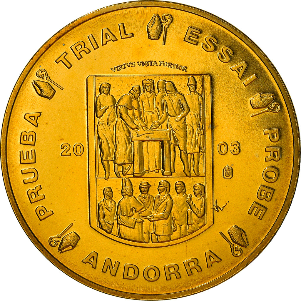 Andorra, medaglia, 50 C, Essai Trial, 2003, FDC, Doratura in rame-nichel