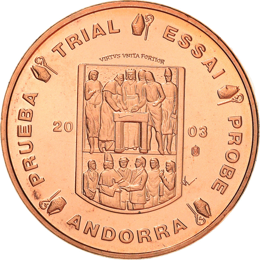 Andorra, medalla, 2 C, Essai Trial, 2003, FDC, Cobre