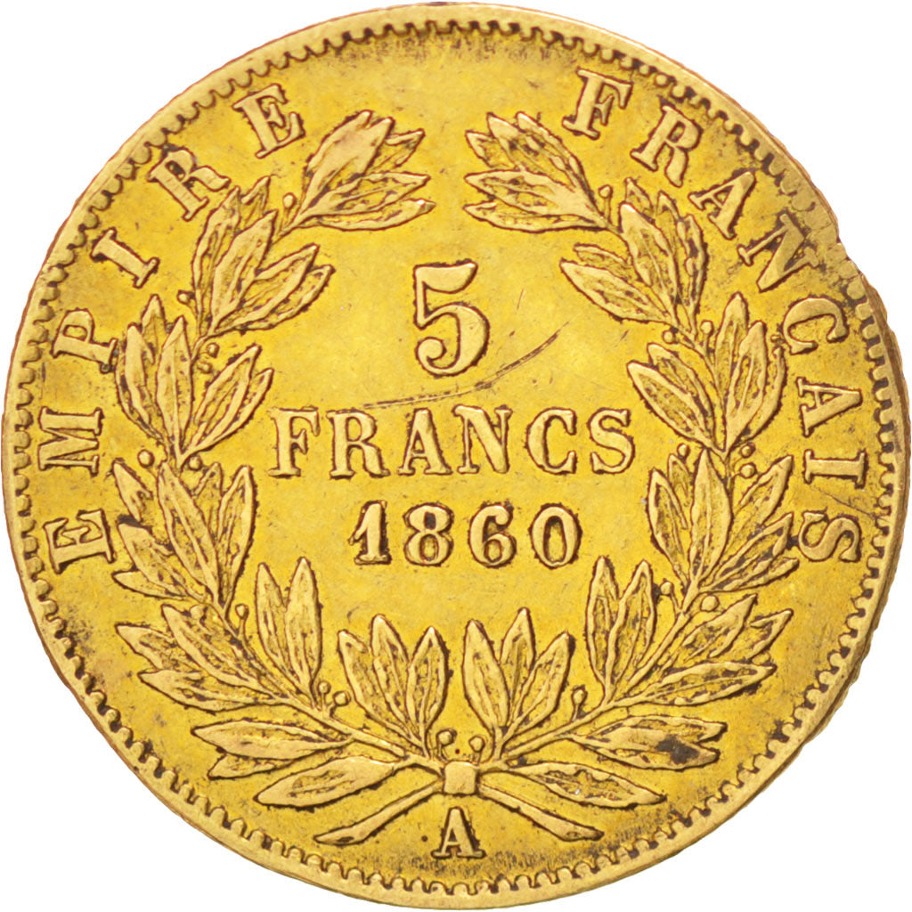 FRANCE, Napoléon III, 5 Francs, 1860, Paris, KM #787.1, EF(40-45), Gold, 16.7, G