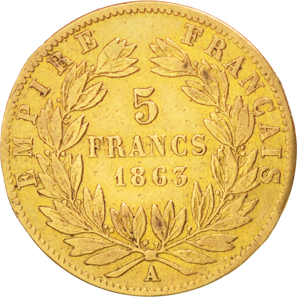 FRANCE, Napoléon III, 5 Francs, 1863, Paris, KM #803.1, F(12-15), Gold, Gadoury