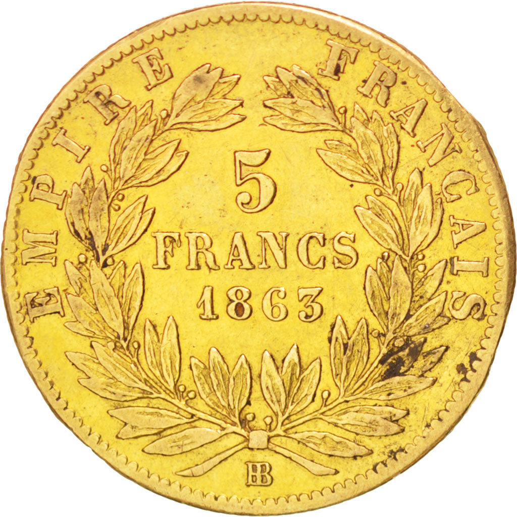 FRANCE, Napoléon III, 5 Francs, 1863, Strasbourg, KM #803.2, VF(30-35), Gold, G.