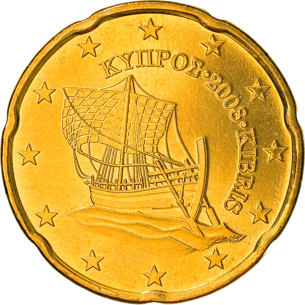 Cypr, 20 Euro Cent, 2008, MS(64), Mosiądz, KM:82