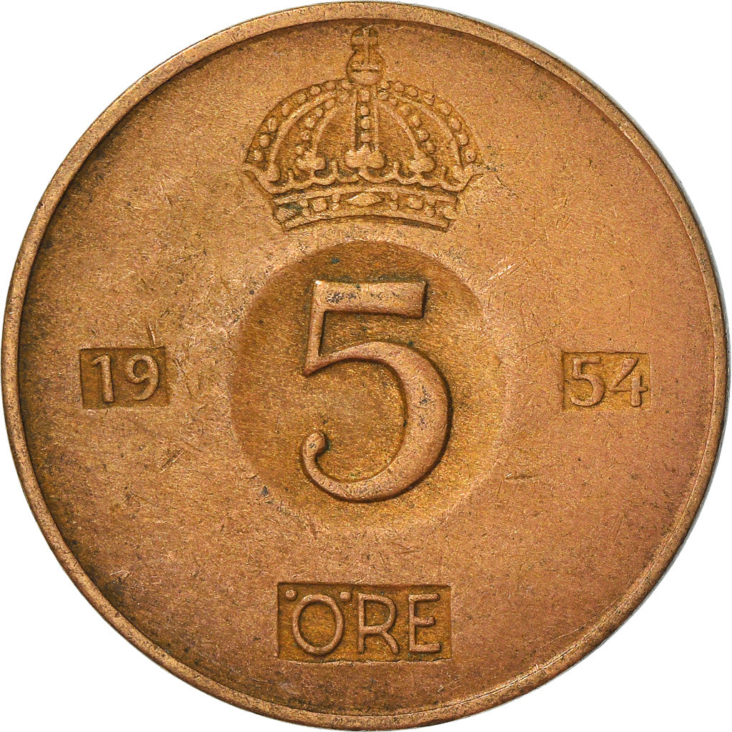 Moneta, Svezia, Gustaf VI, 5 Öre, 1954, MB+, Bronzo, KM:822