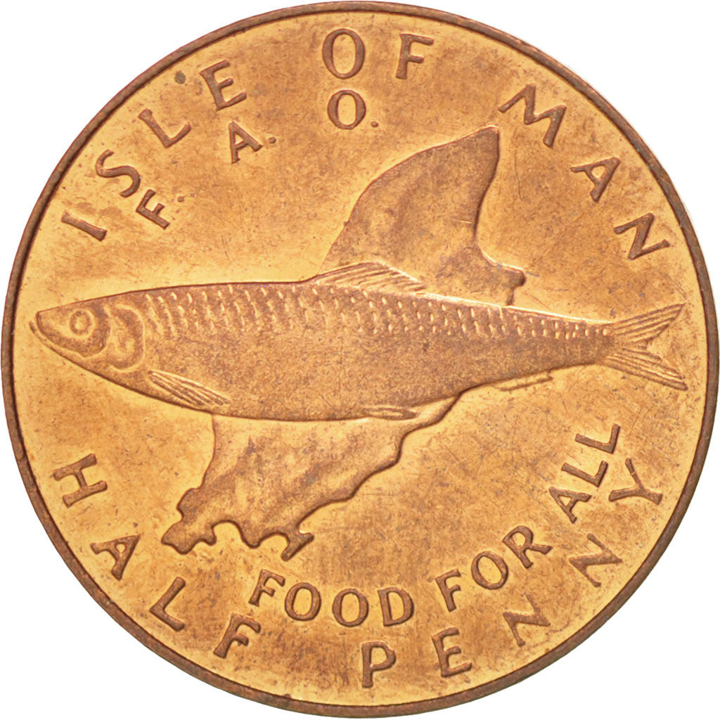 ISLE OF MAN, 1/2 Penny, 1977, KM #40, AU(55-58), Bronze, 17.14, 1.79