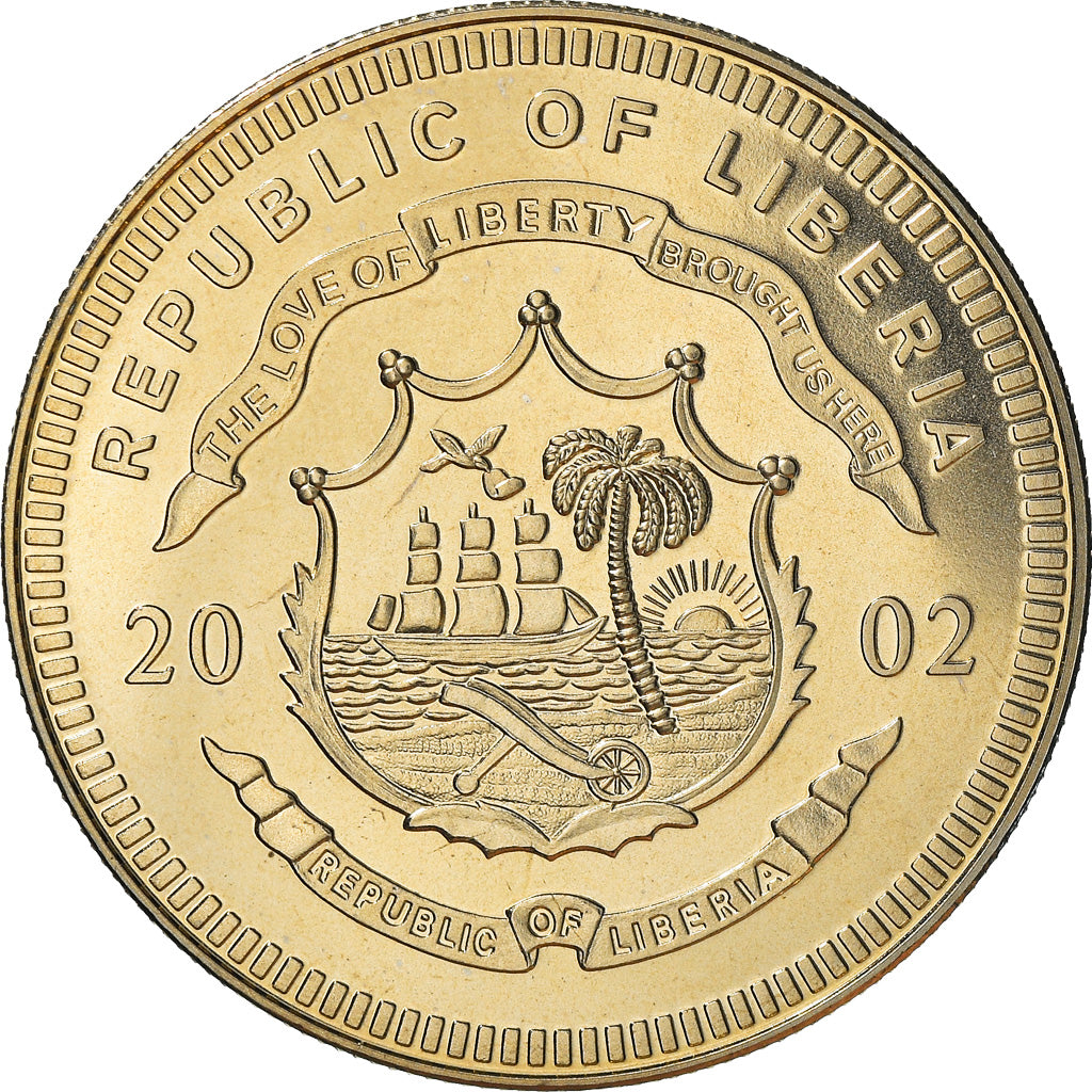 Moeda, Libéria, 5 Dollars, 2002, MS(65-70), Cobre-níquel