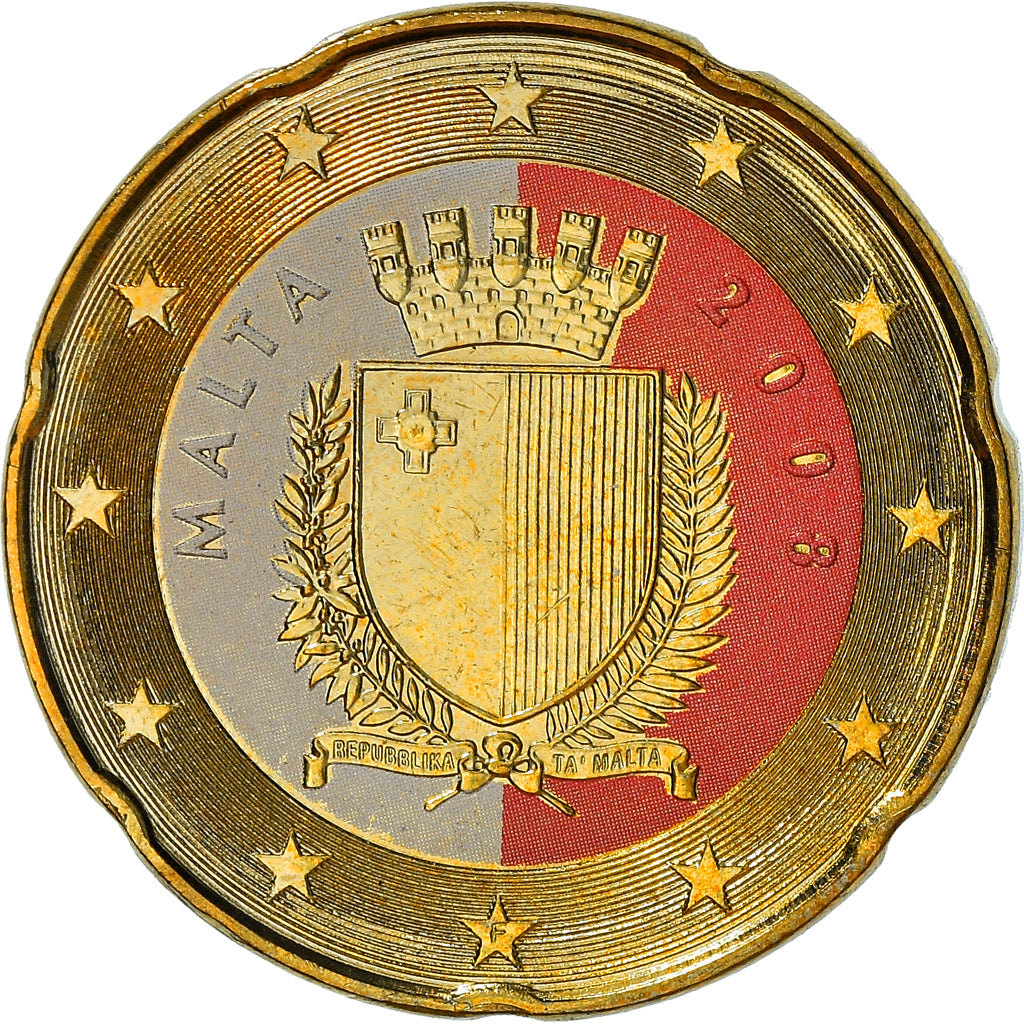 Malta, 20 Euro Cent, 2008, Paris, Colourized, MS(63), Latão, KM:129