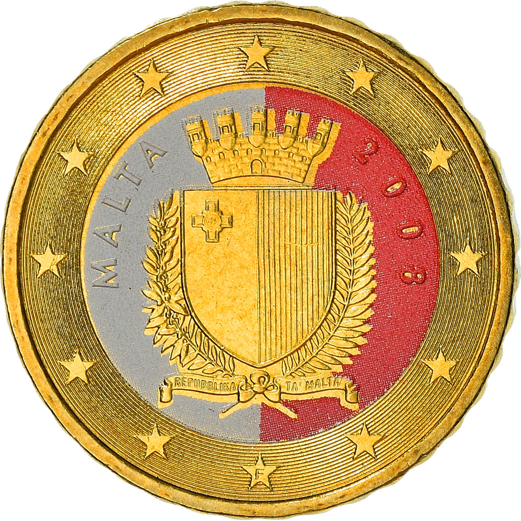 Malta, 10 Euro Cent, 2008, Paris, Colourized, MS(64), Latão, KM:128
