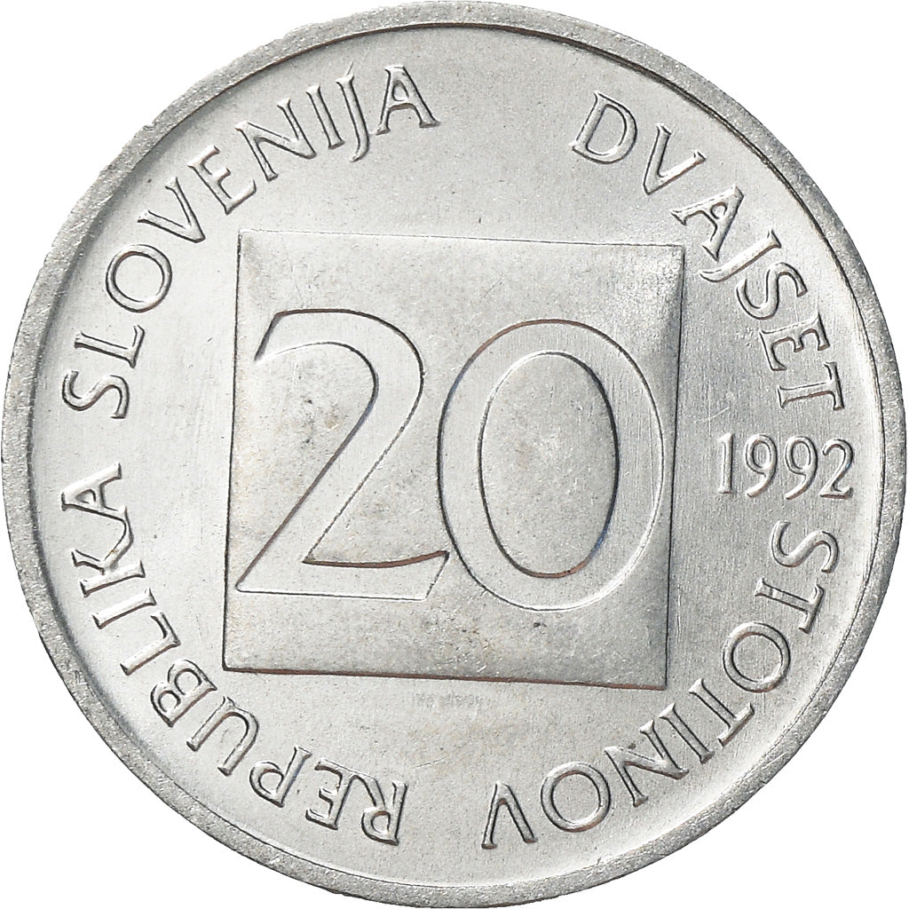 Moneta, Slovenia, 20 Stotinov, 1992, SPL+, Alluminio, KM:8