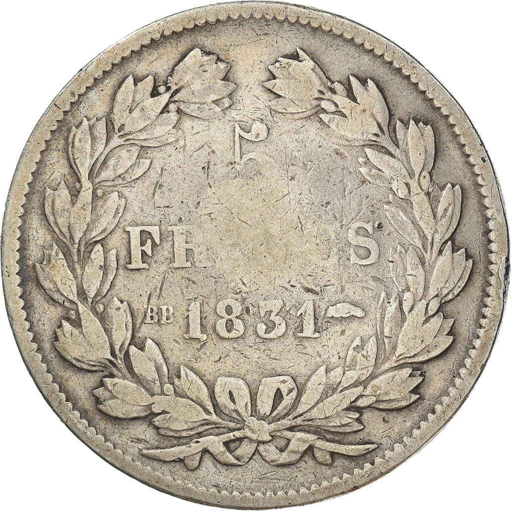 Moneda, Francia, Louis-Philippe, 5 Francs, 1831, Strasbourg, BC, Plata
